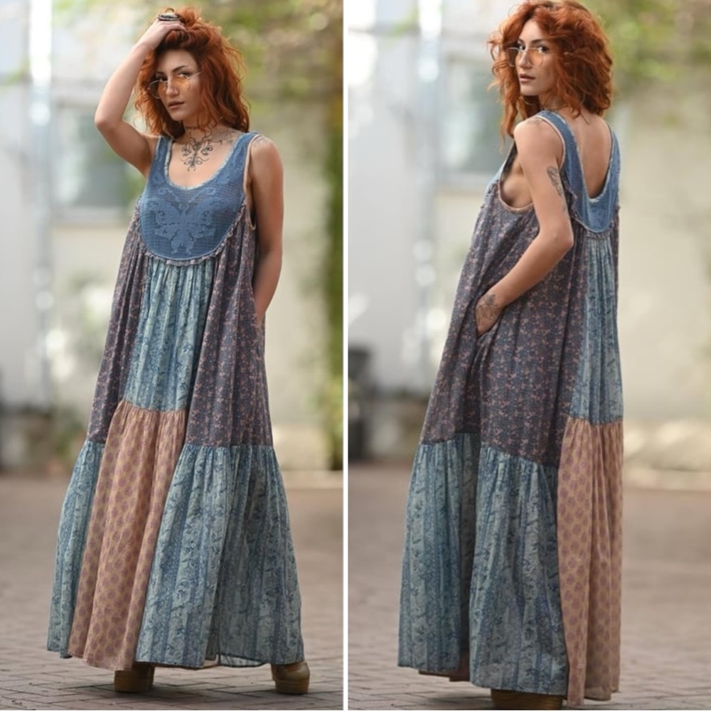 Free People Bohemian 70s Patchwork Hippie Lost Palms Craft Maxi Dress Medium - Picture 6 of 17